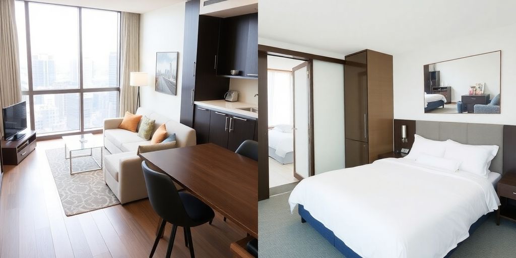 Interior of a serviced apartment and hotel room in Tokyo.