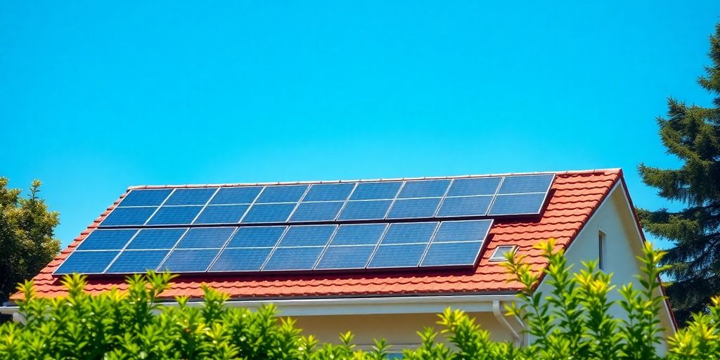 Residential rooftop solar panels under a bright blue sky.