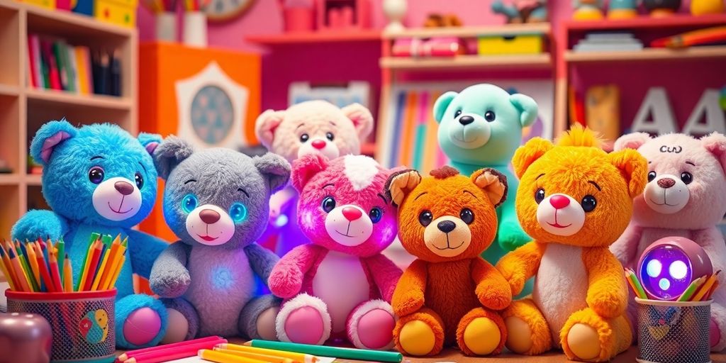 Interaktive Kuscheltiere in einem bunten Spielzimmer.
