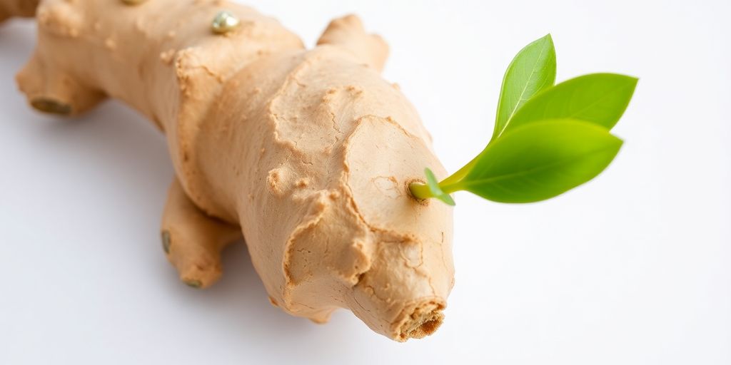 Fresh ginger root with vibrant green leaves.