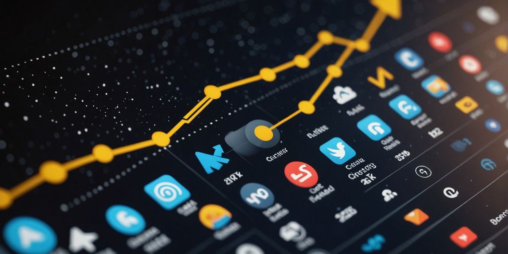 Graph with upward trend and marketing symbols.