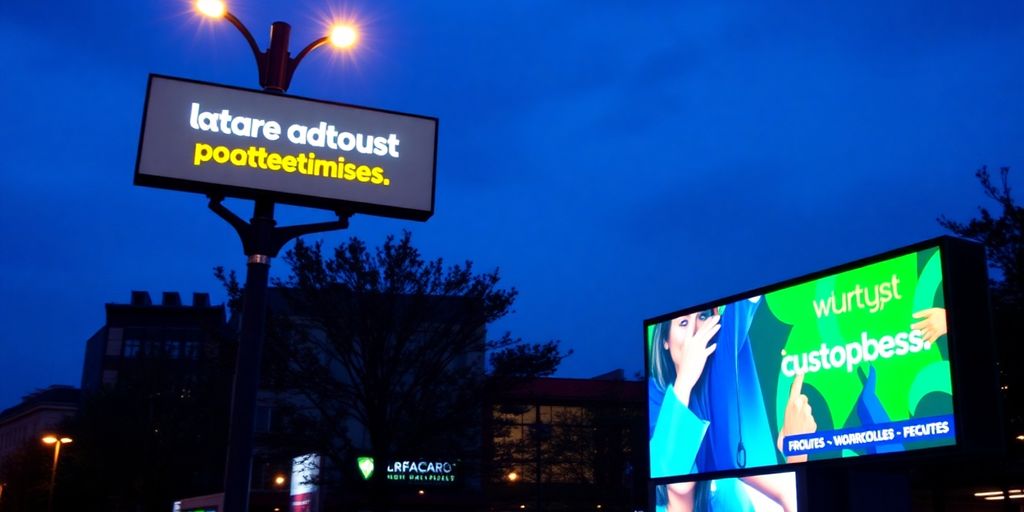 Brightly lit outdoor advertising display.
