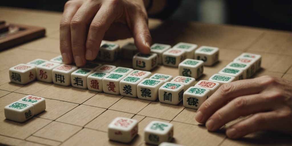 A hand drawing a Mahjong tile from the wall during a traditional game, showcasing the art of tile drawing.