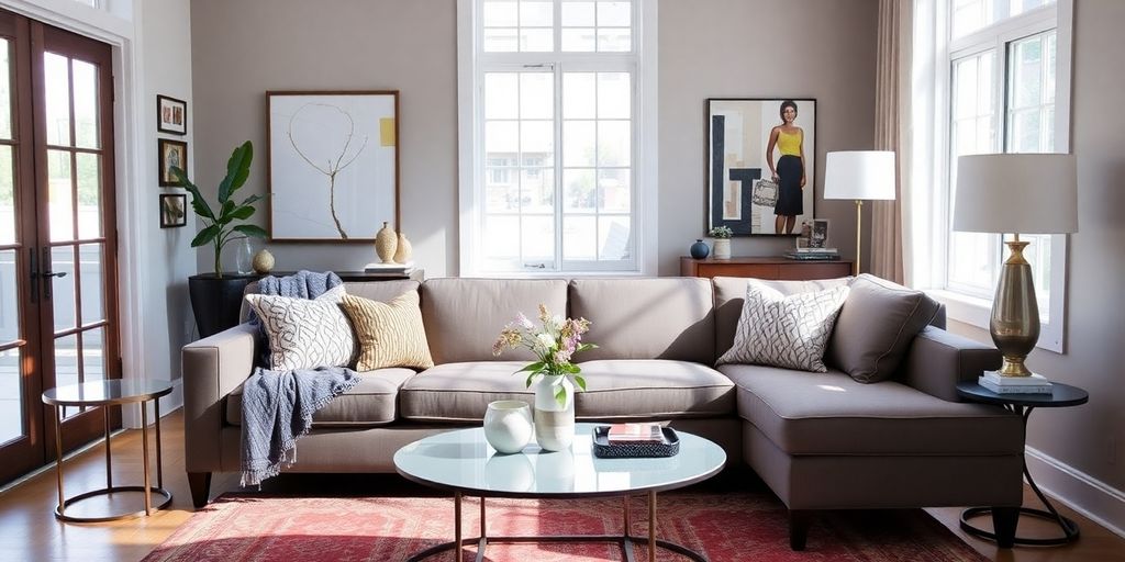 Stylish Crate and Barrel couch in a modern living room.