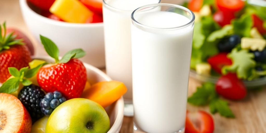 Glass of milk with fruit and salad on a table.