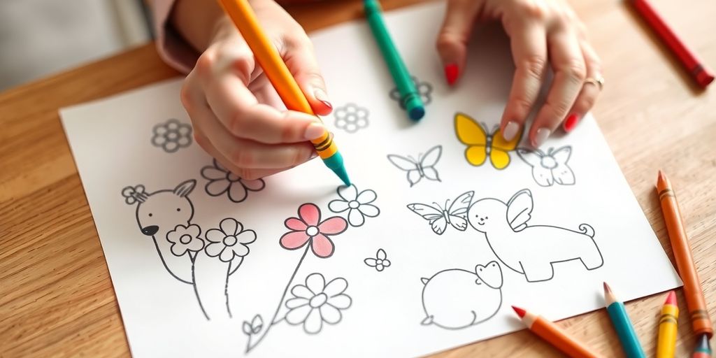 Kids coloring spring flowers, butterflies, and baby animals.