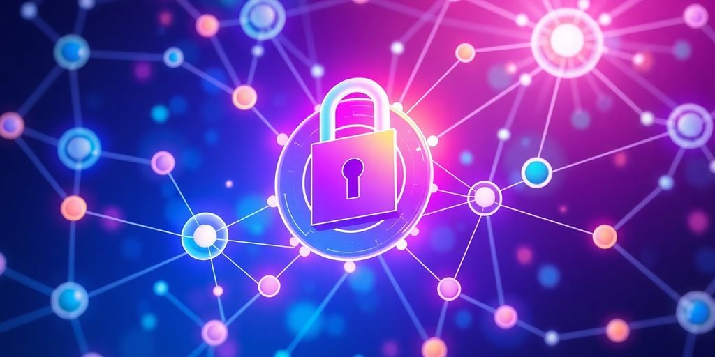 Illustrative image of digital nodes and a secure lock.