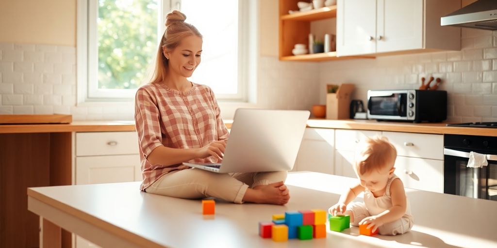 Mom working on laptop at home, child playing.