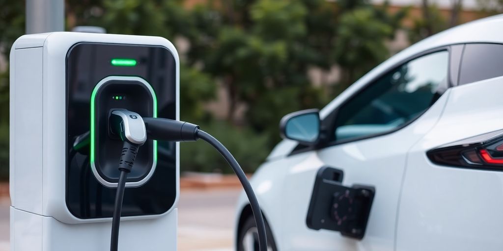 Electric vehicle charging station with EV and charging cable.