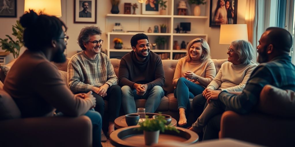 Group of people talking in a cozy living room.
