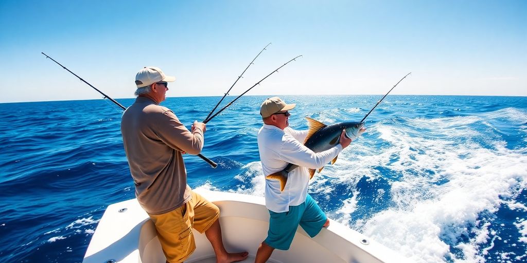 Anglers reeling in large fish from a boat in Cabo.