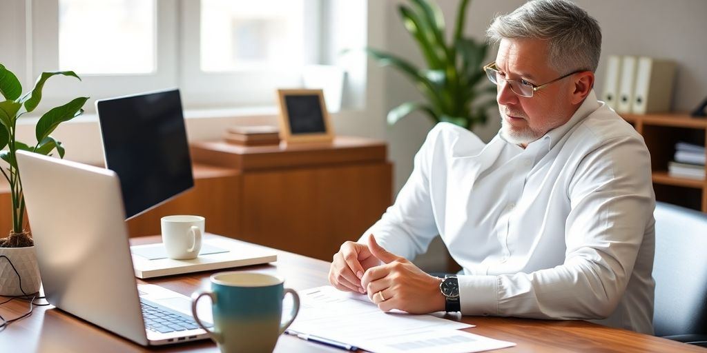 Small business owner evaluating insurance options at a desk.