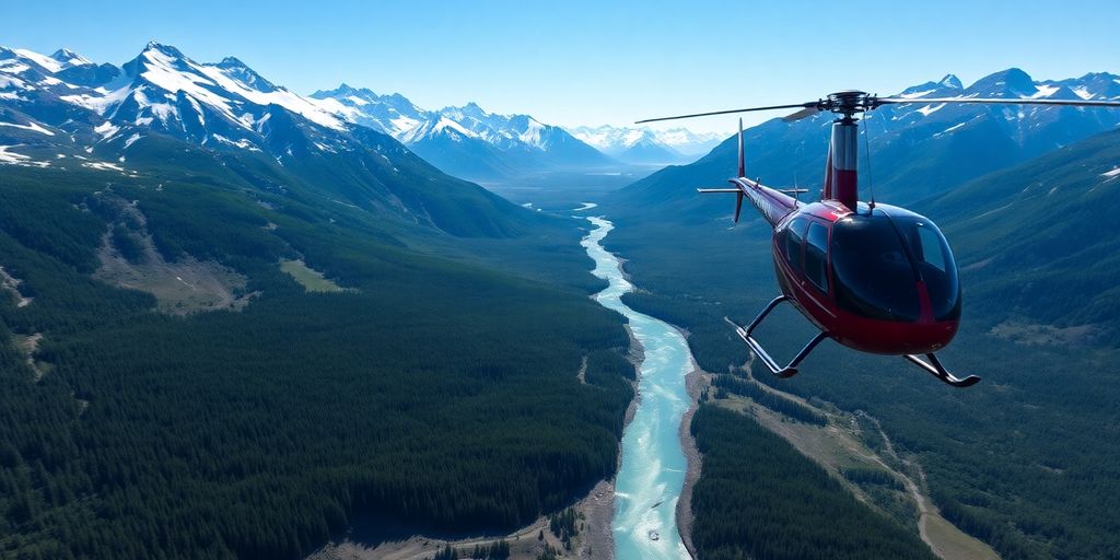 A modern helicopter flying over snowy Alaskan mountains.
