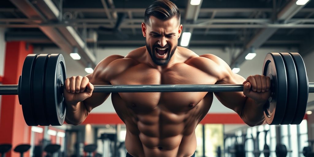 Muscular man lifting weights in a gym.
