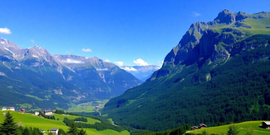 Scenic Swiss Alps landscape with green valleys and blue sky.