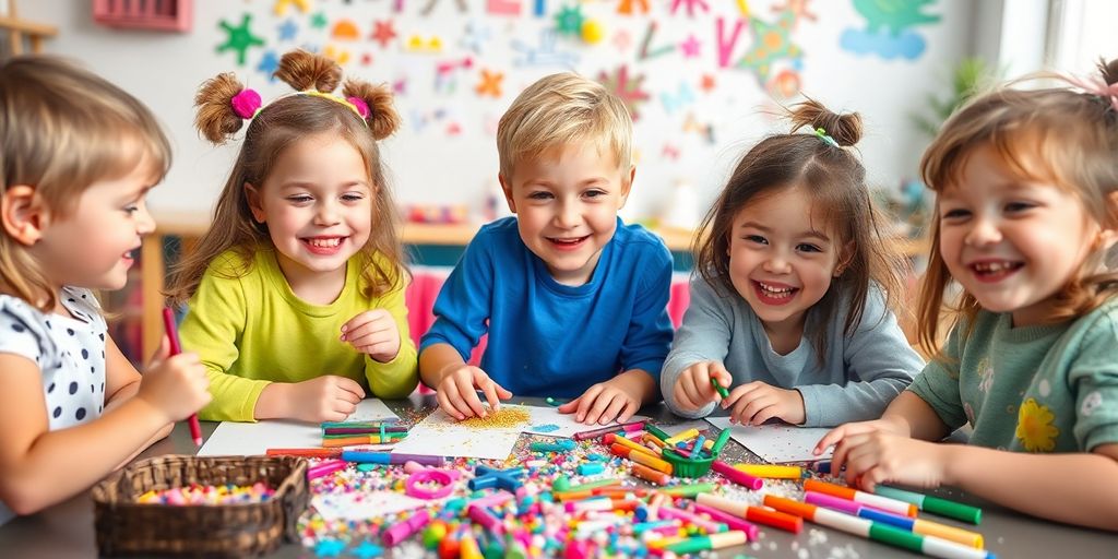 Kinder beim kreativen Basteln mit bunten Materialien.