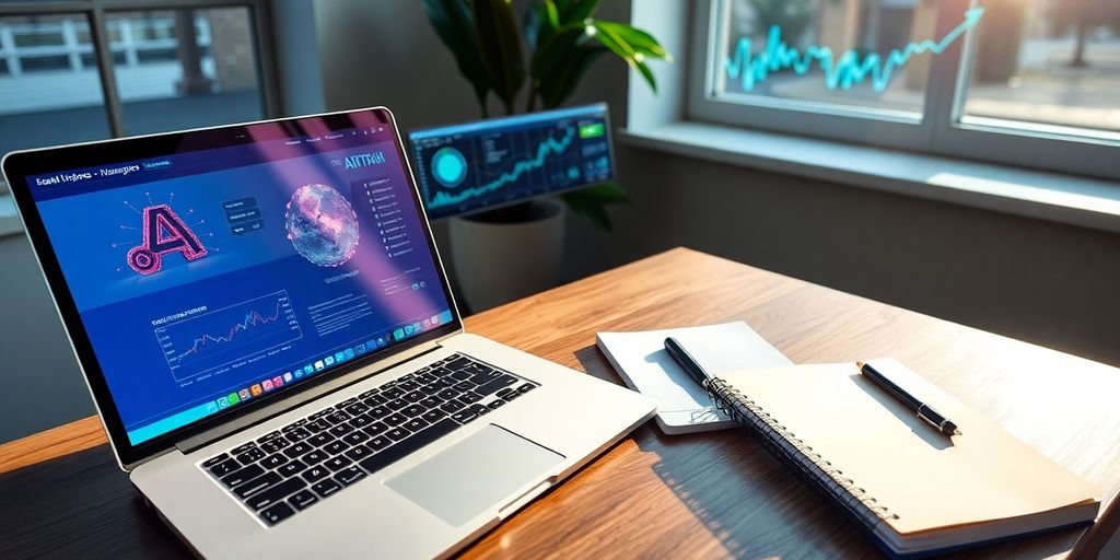 Modern workspace with AI tools and financial planning elements.