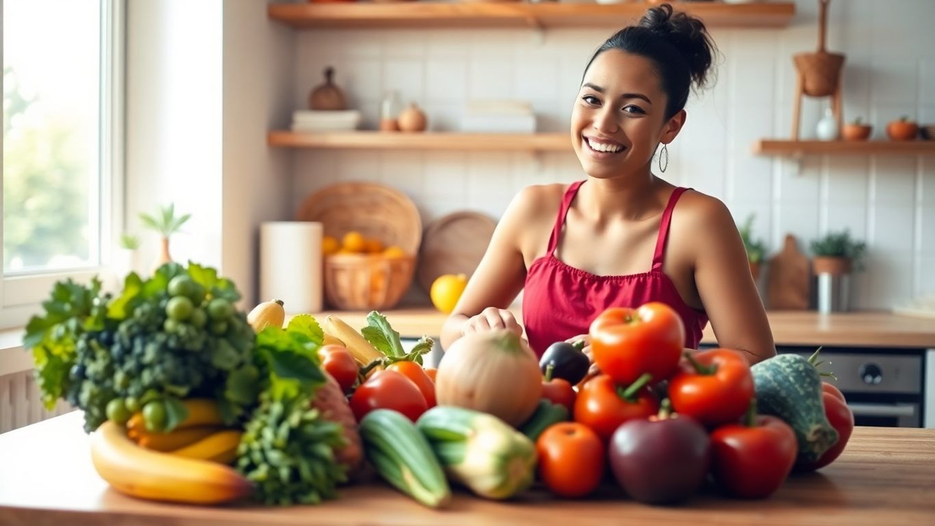 Person smiling while preparing healthy food in a bright kitchen.