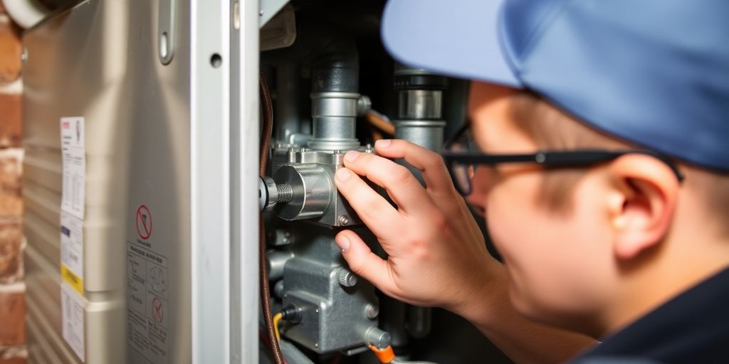 Technician inspecting a residential furnace.