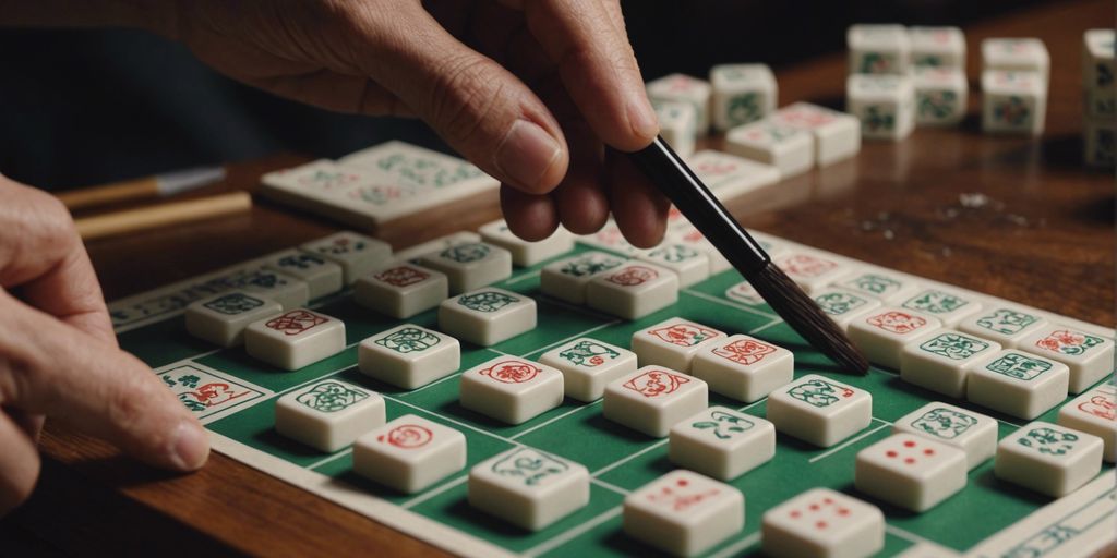 Close-up of a hand drawing a Mahjong tile with a brush, surrounded by Mahjong tiles.