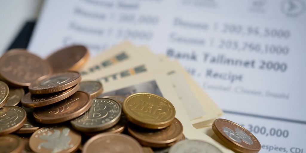Des billets de banque et des pièces sur une table.