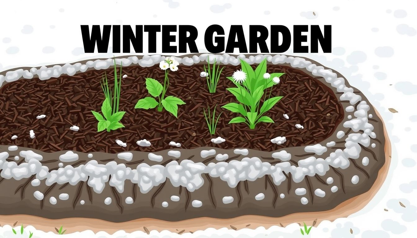 Garden bed with mulch and winter plants