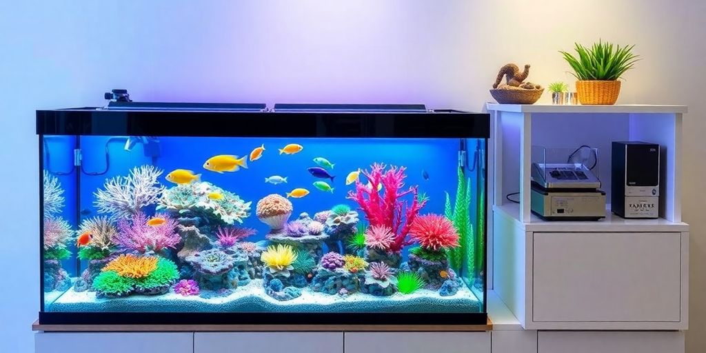 Makulay na aquarium kit na may isda at coral.