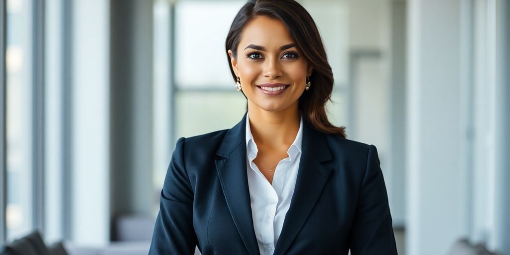 Woman in power suit feeling confident at work.