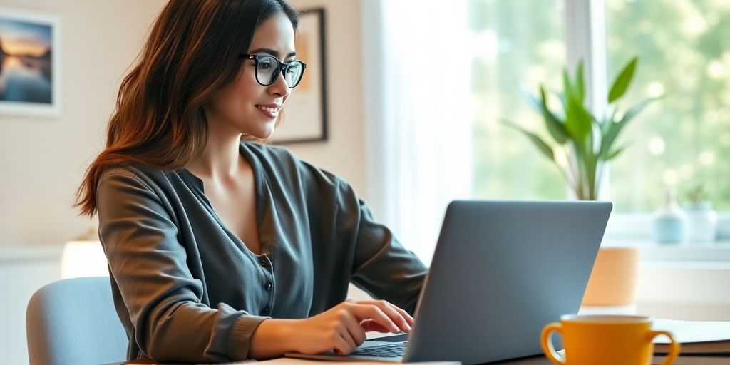 Person learning online with laptop and coffee in workspace.