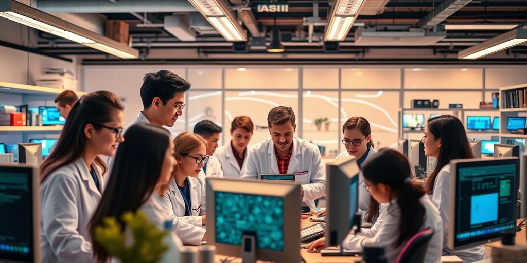 Researchers collaborating in a modern lab on AI and blockchain.