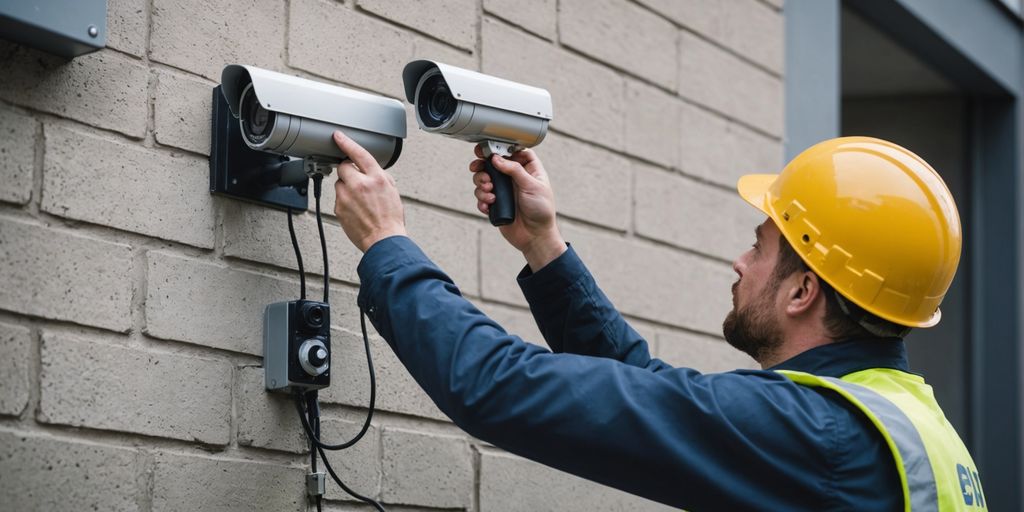 Technician installing CCTV camera on wall