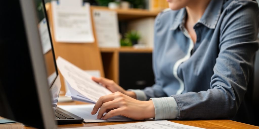 Professional translator at work with documents and computer.