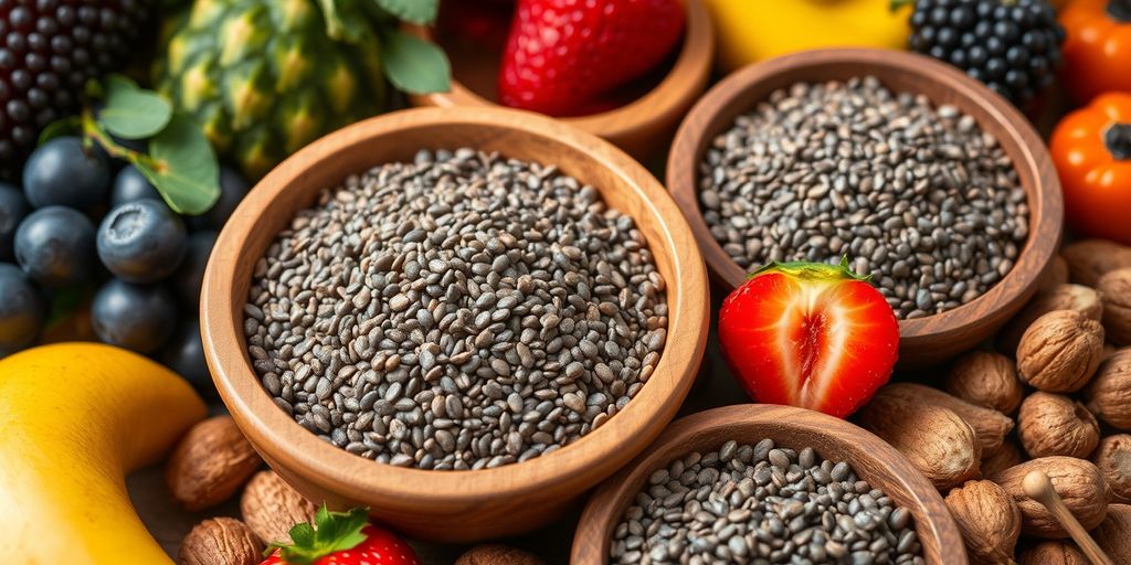 Chia seeds in bowls with fruits and nuts