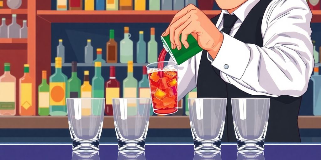 Bartender mixing drinks with bottles and glasses.