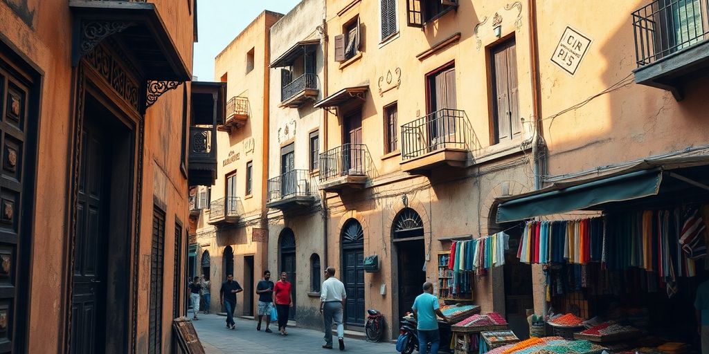 Winding Stone Town alley with ancient buildings and carved wooden doors.