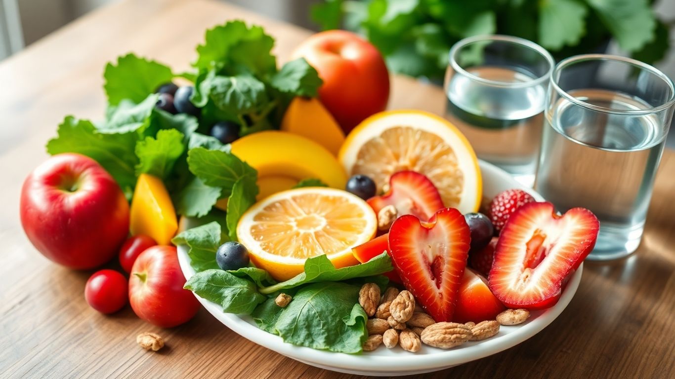 Fresh fruits, greens, nuts, and water on table.
