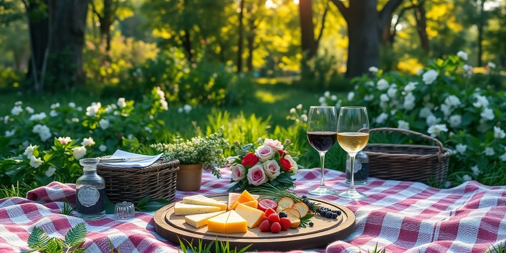 Outdoor picnic setup for a nature-inspired anniversary.
