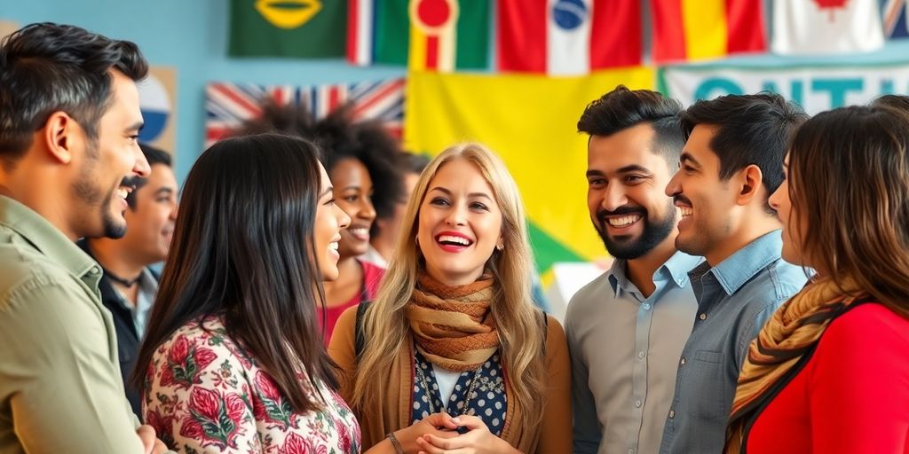Diverse individuals communicating in a vibrant, multicultural setting.