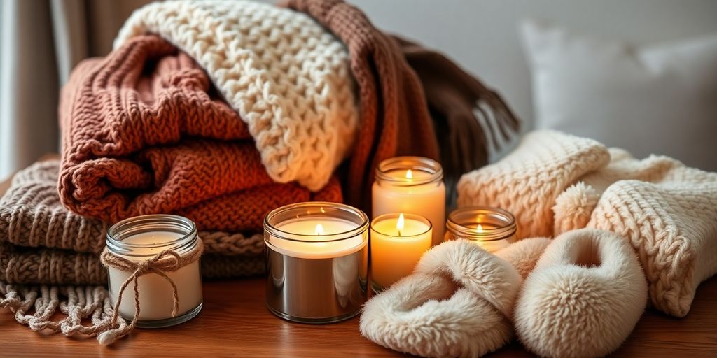 Warm cozy gifts on a table with soft lighting.
