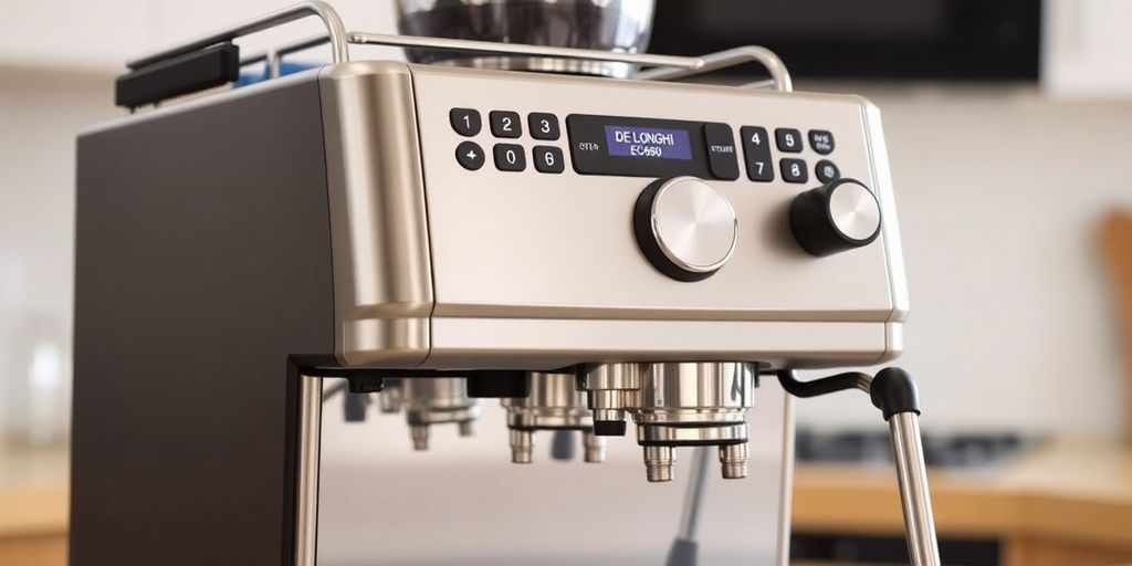 De Longhi EC680 Espresso Machine in a kitchen setting.