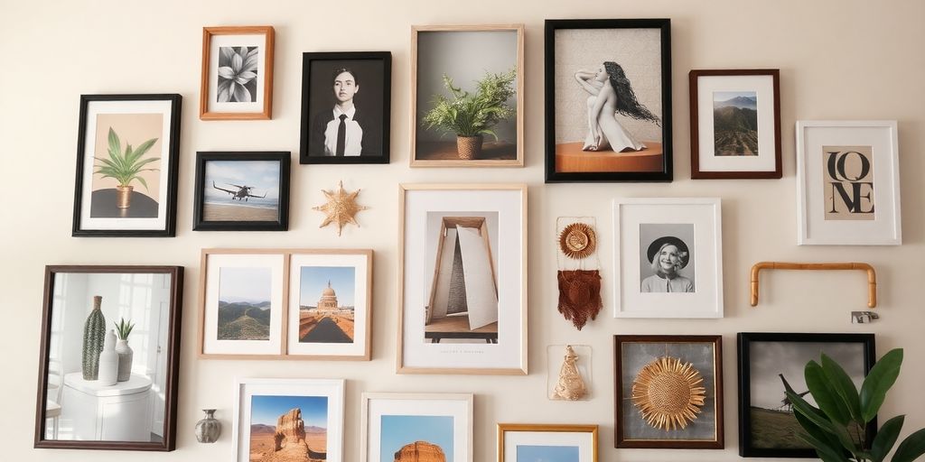 Close-up of an artistic gallery wall arrangement.