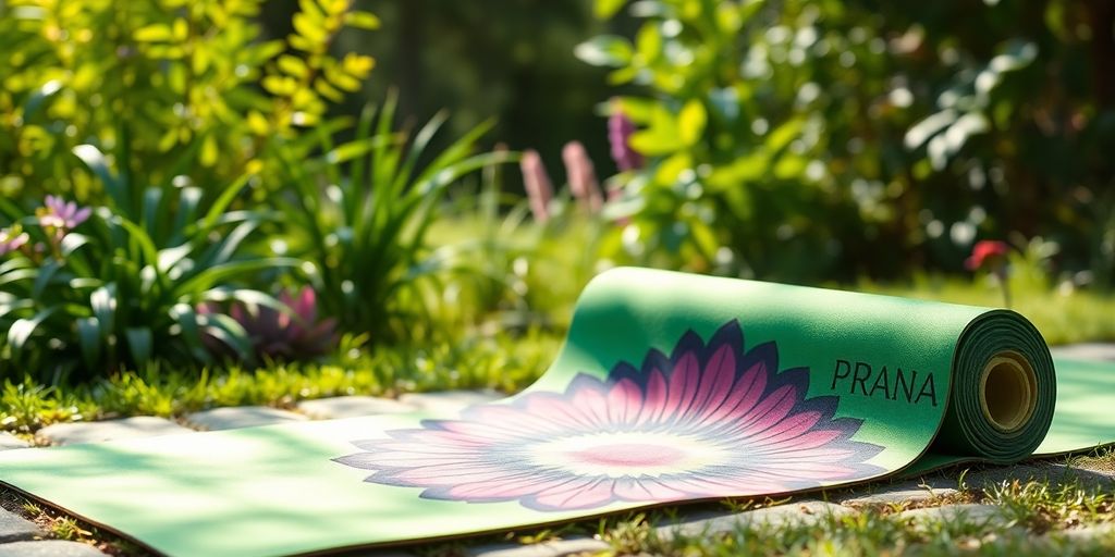 Prana Verde yoga mat in a peaceful outdoor setting.