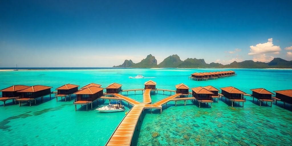 Overwater bungalows, clear turquoise water, lush islands, luxury travel.