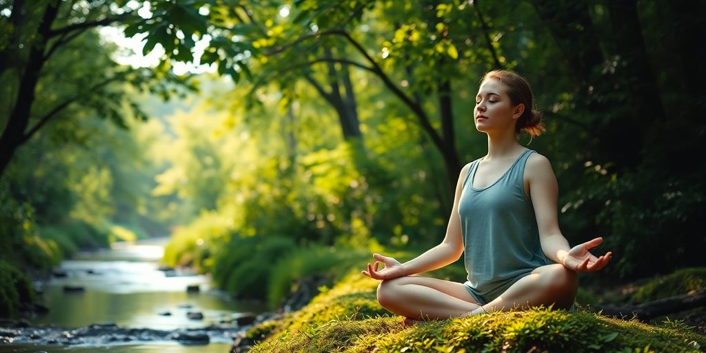 Person meditating, surrounded by calming nature.