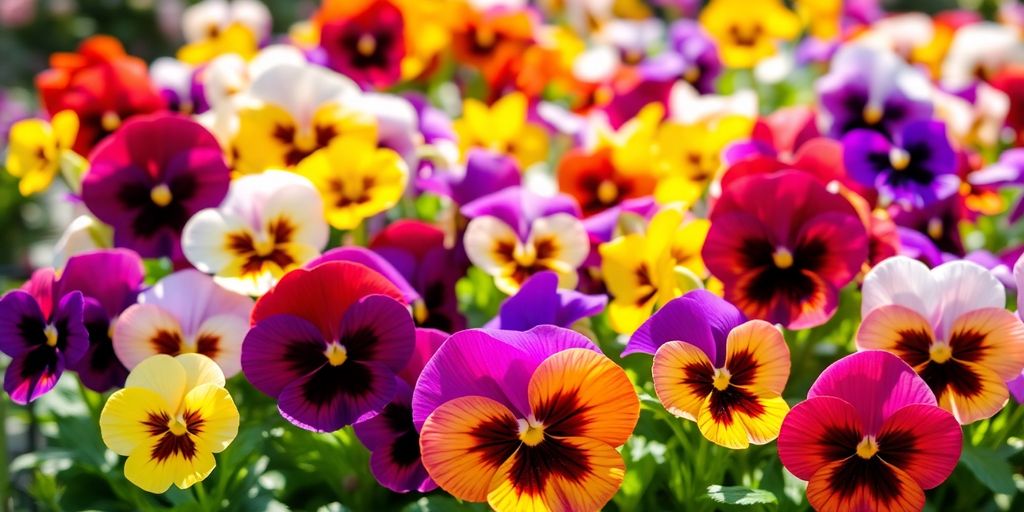 Colorful pansies blooming in a sunny garden setting.