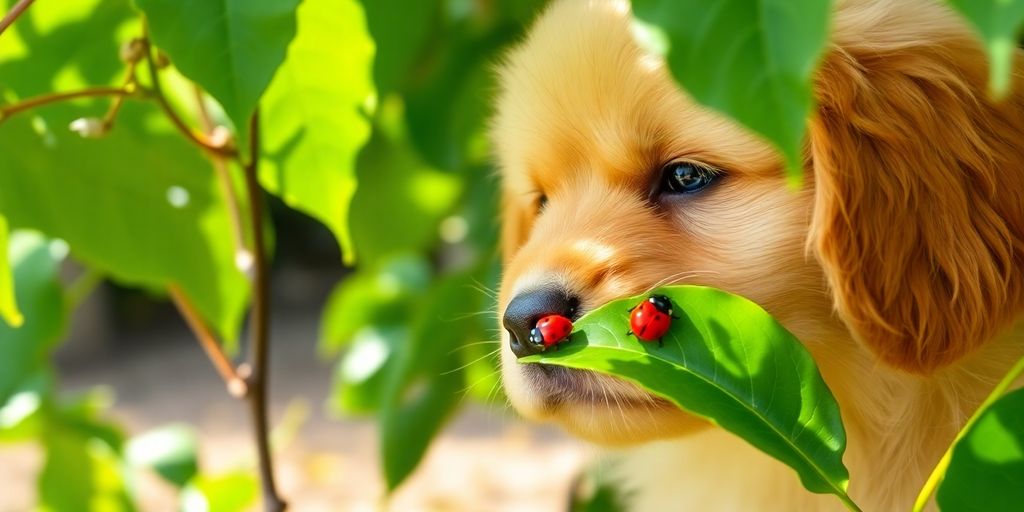 Puppy sniffing a ladybug in green grass.