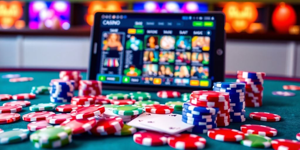 ภาพคาสิโนออนไลน์ที่มีชิปและไพ่หลากสีสัน