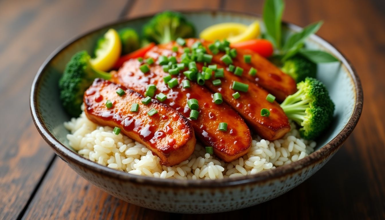 Colorful Chicken Teriyaki Rice Bowl with vegetables and rice.