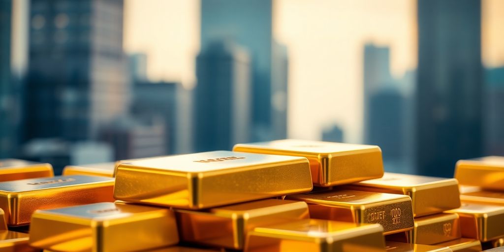 Des barres d'or empilées avec un arrière-plan flou.