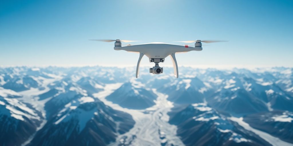 A WingtraOne drone flying over Alaskan glaciers and mountains.